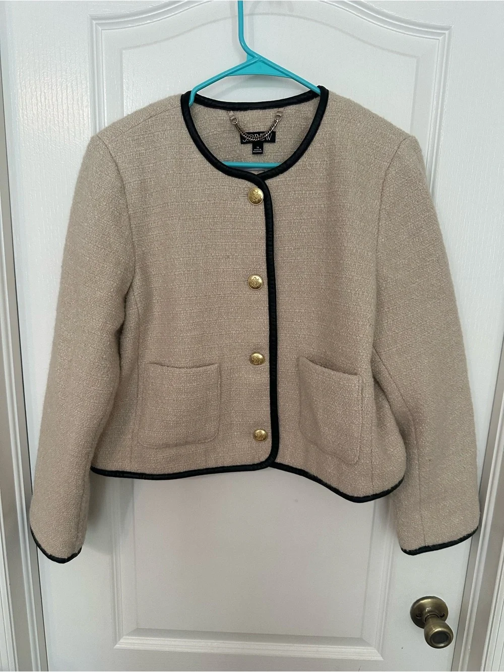 J.Crew Tweed Wool Blend Cropped Jacket Blazer Beige GoldButton with Leather trim